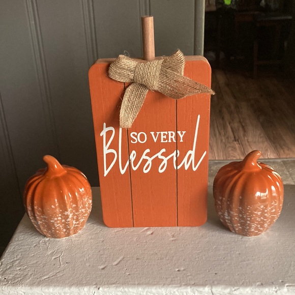 NWT Bundle-So Very Blessed Wood Pumpkin Sign & Orange Glazed Porcelain Pumpkins - Picture 3 of 15